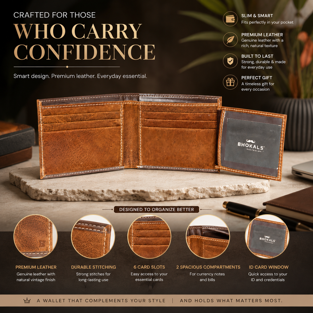 Premium Leather Trifold Wallet, Tan Brown, Genuine Leather, Multiple Card Slots, Classic Vintage Design