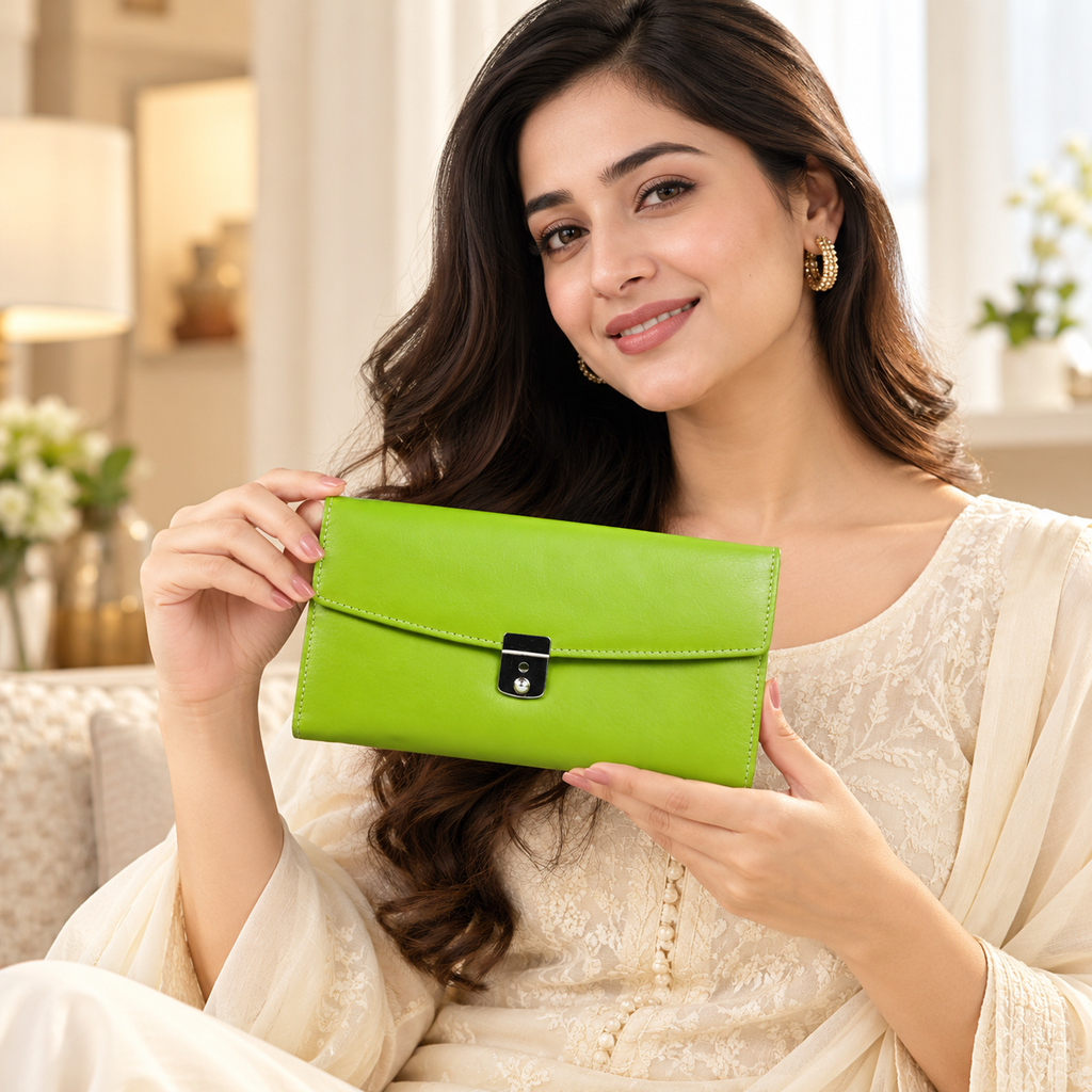Leather Solid Green Women Wallet
