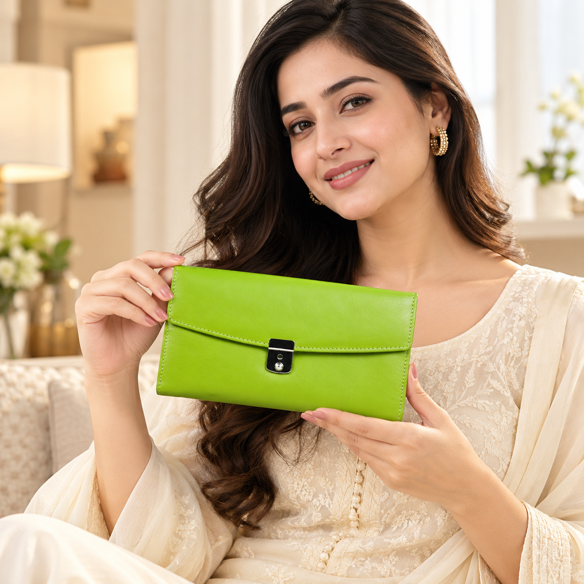 Leather Solid Green Women Wallet