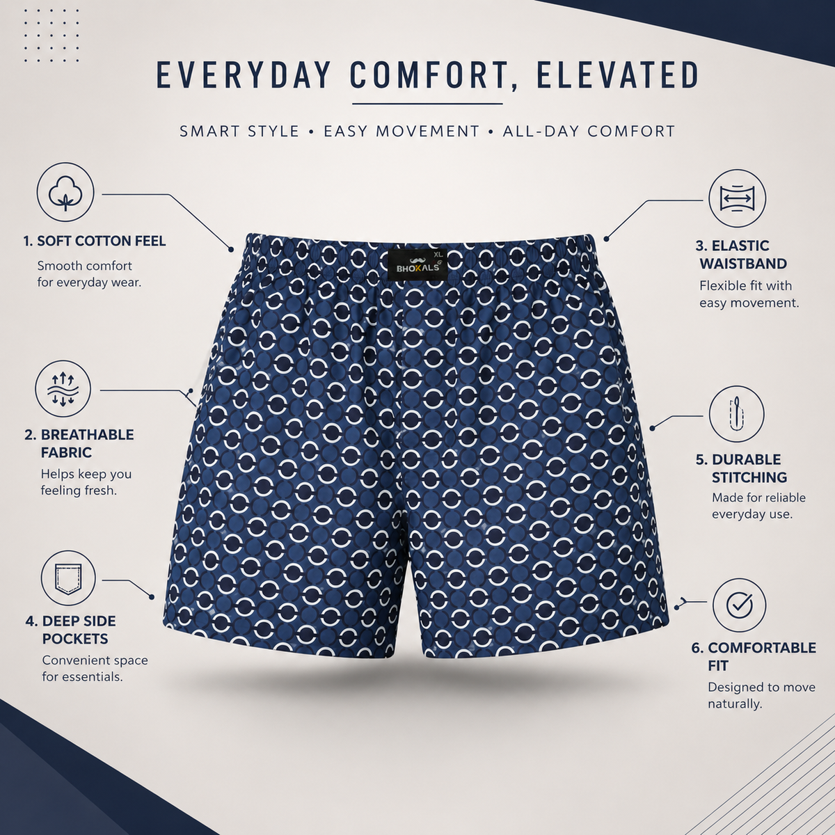 Blue White Black Circle Printed Cotton Boxer For Men