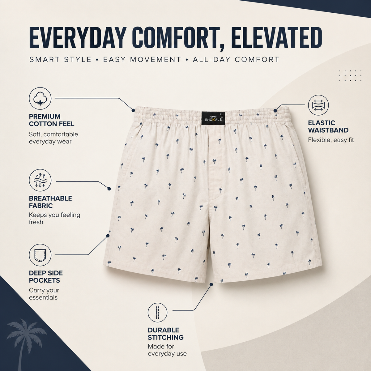 Cream Tree Printed Cotton Boxer For Men