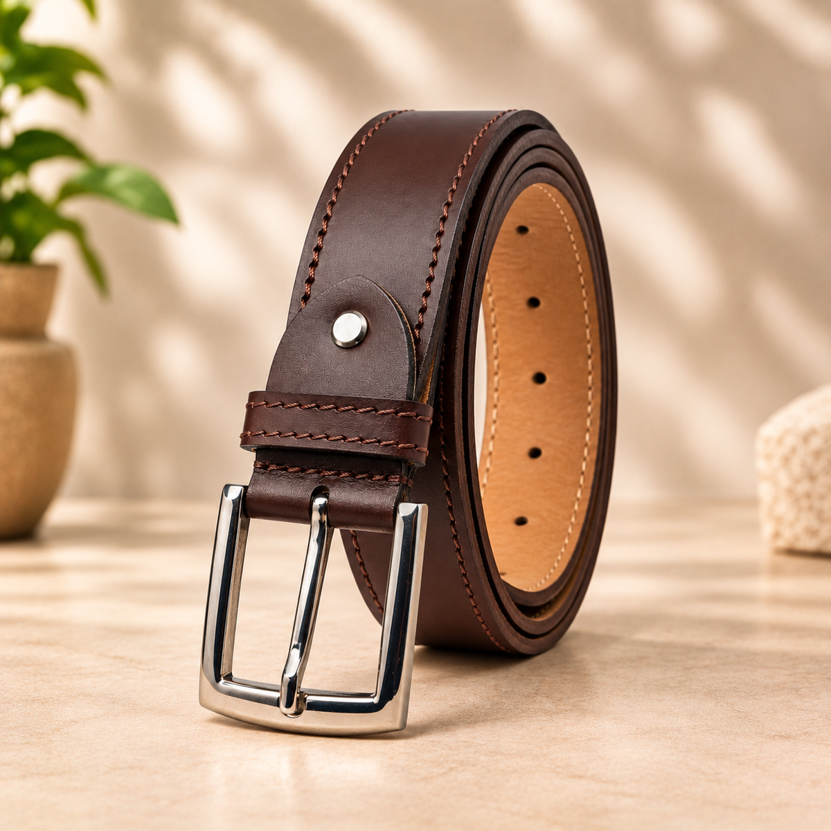 Bhokals Men Chocolate Brown Formal Leather Belt