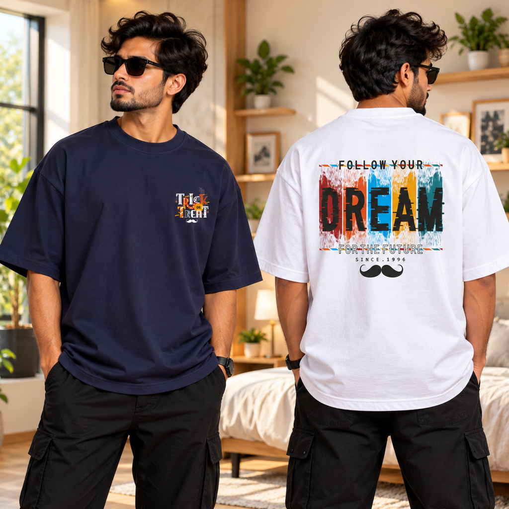 BHOKALS Men's Oversized Printed T-Shirt Combo Pack of 2 – Blue Trick N Treat & White Dream Graphic Tees