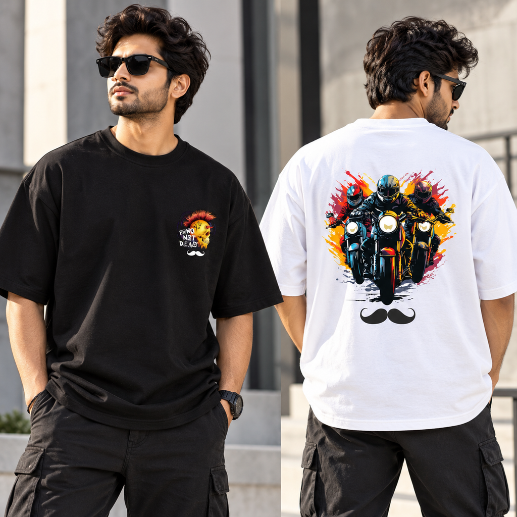 BHOKALS Men's Oversized Printed T-Shirt Combo Pack of 2 – White Biker & Black Punk Graphic Tees