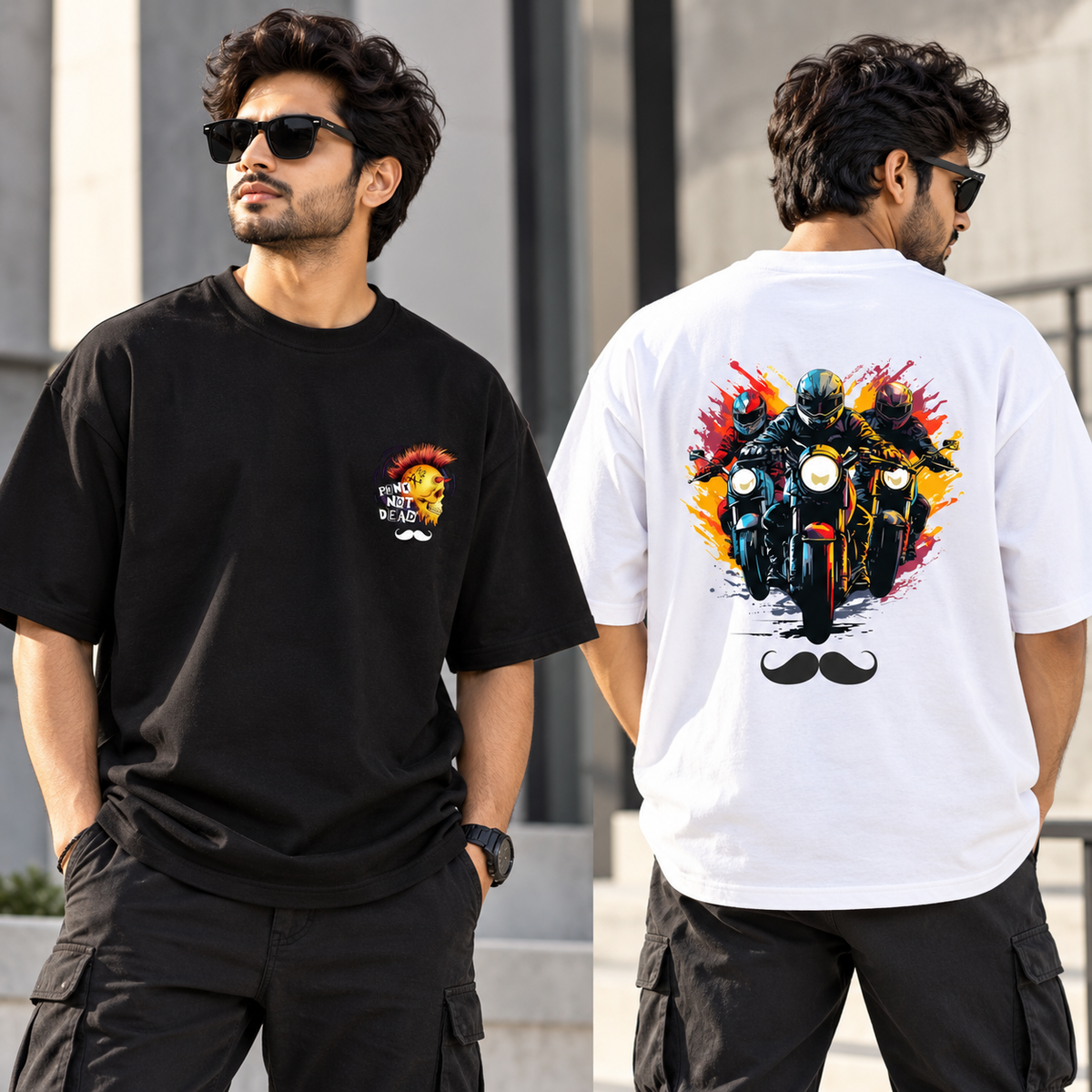 BHOKALS Men's Oversized Printed T-Shirt Combo Pack of 2 – White Biker & Black Punk Graphic Tees