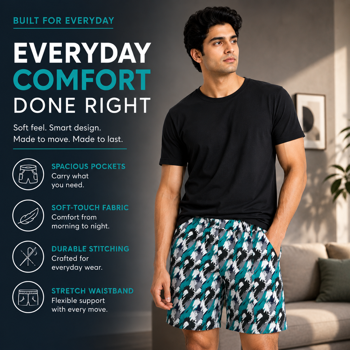 Green White Texture Printed Cotton Boxer For Men