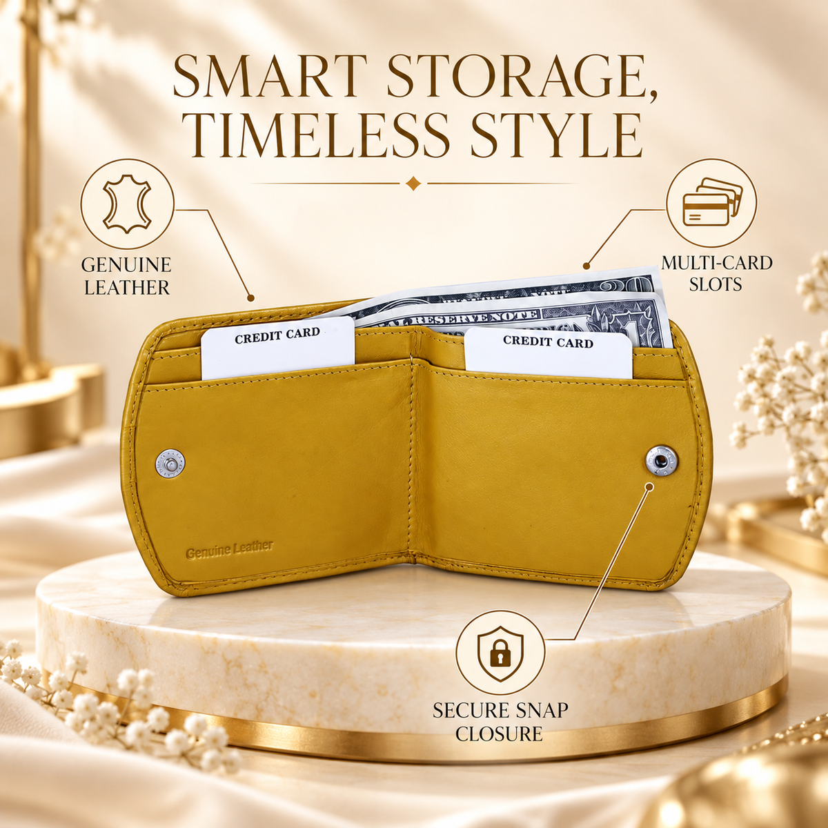 Leather Solid Yellow Women Pocket Wallet