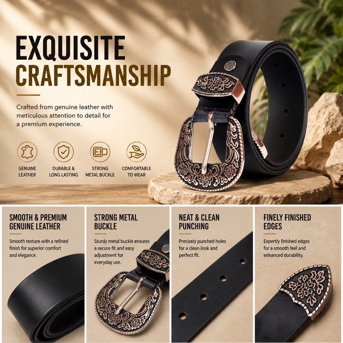 Bhokals Maharaja Men Silver Buckle Black Leather Belt