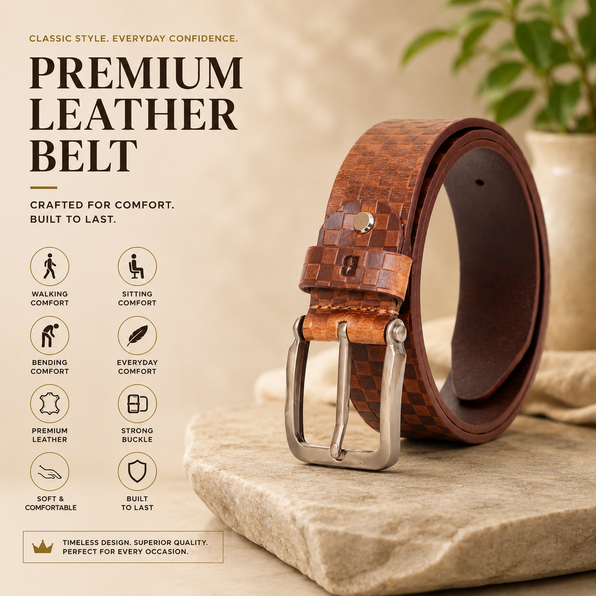 Bhokals Men Solid Tan Formal Leather Belt