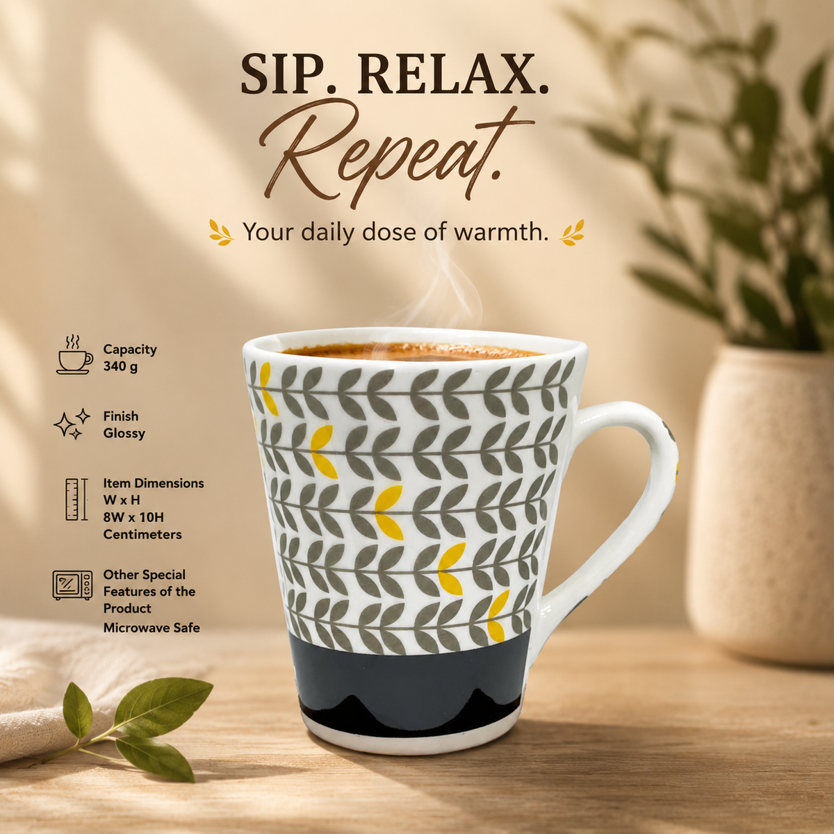 Bhokals Black Strip Texture Printed White Coffee Mug