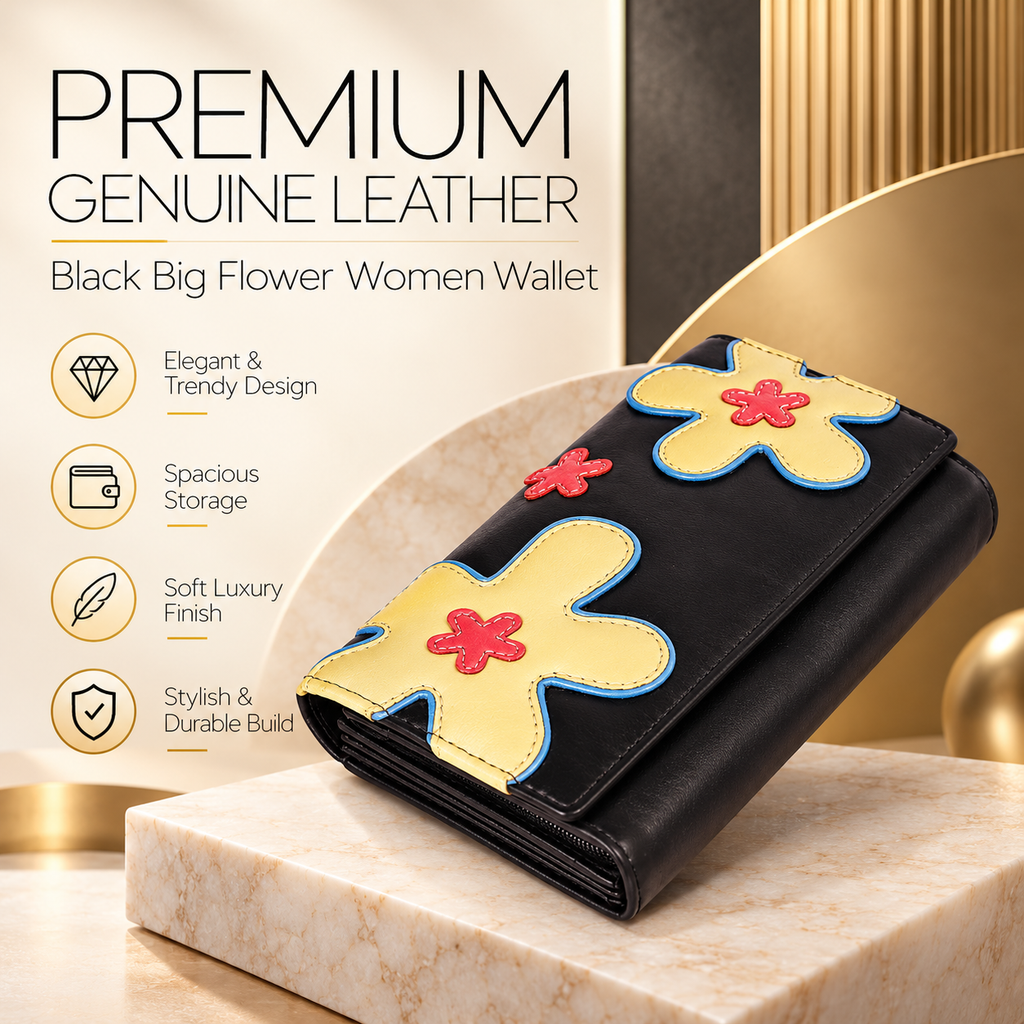 Leather Solid Black Big Flower Women Wallet