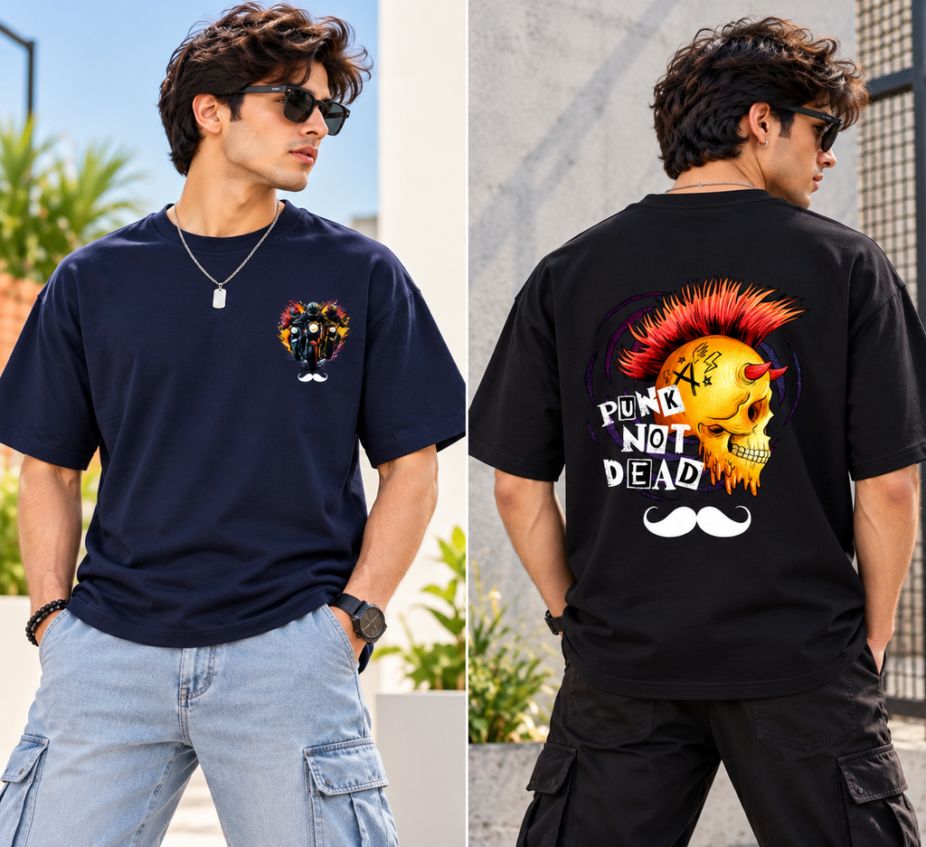 BHOKALS Men's Oversized Printed T-Shirt Combo Pack of 2 – Blue Biker & Black Punk Graphic Tees