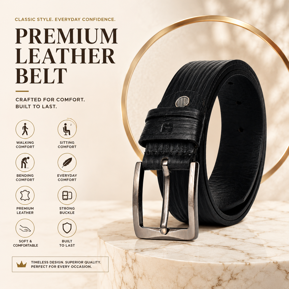 Bhokals Men Black  Wood Texture Leather Belt