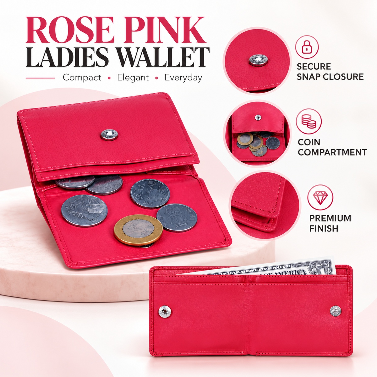 Leather Solid Pink Women Pocket Wallet
