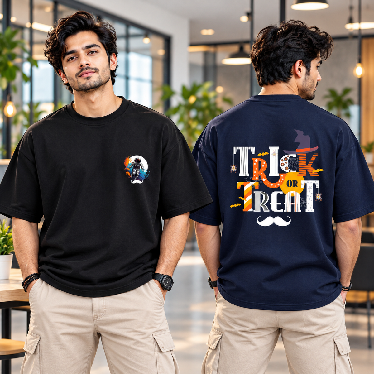 BHOKALS Men's Oversized Printed T-Shirt Combo Pack of 2 – Black Astronaut & Blue Trick N Treat Graphic Tees