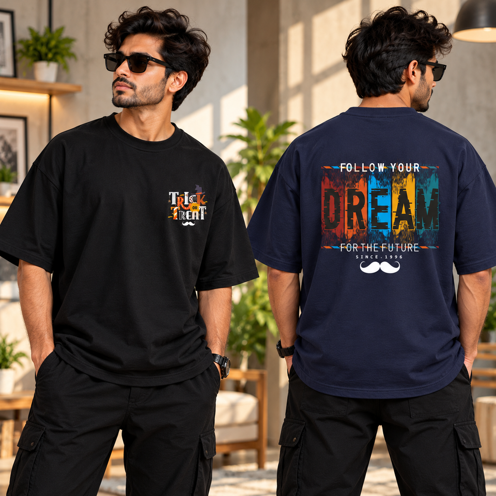BHOKALS Men's Oversized Printed T-Shirt Combo Pack of 2 – Black Trick N Treat & Blue Dream Graphic Tees