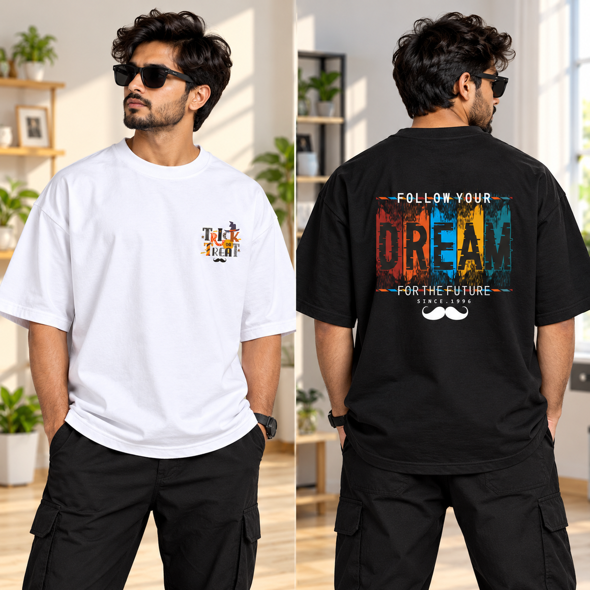 BHOKALS Men's Oversized Printed T-Shirt Combo Pack of 2 – White Trick N Treat & Black Dream Graphic Tees