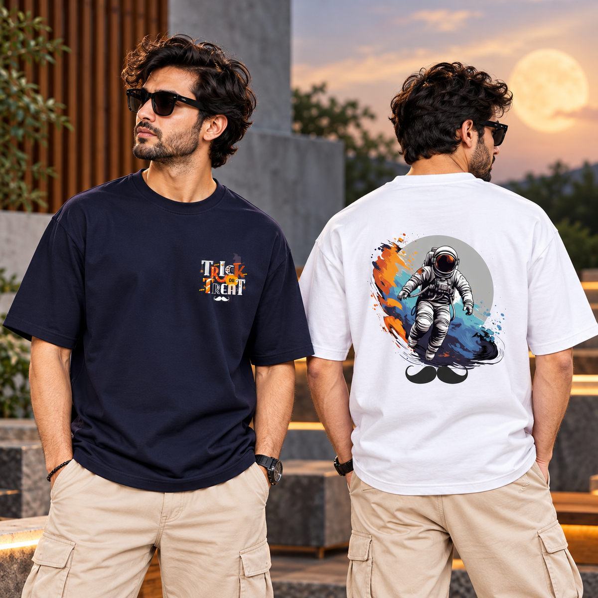 BHOKALS Men's Oversized Printed T-Shirt Combo Pack of 2 – White Astronaut & Blue Trick N Treat Graphic Tees