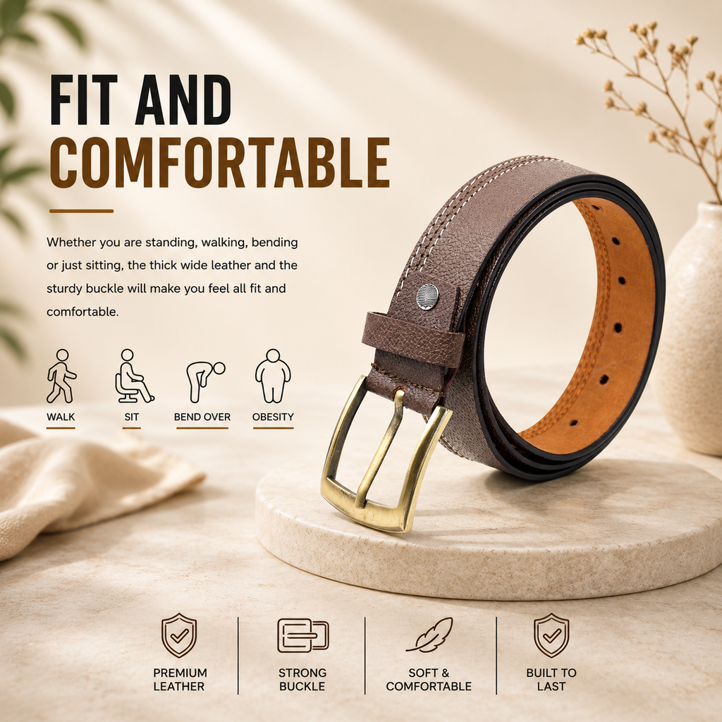 Men Brown Side Thread Leather  Belt