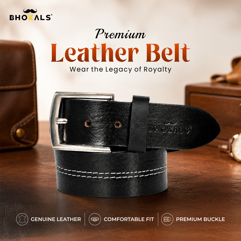 Men Black Middle Thread Leather Belt