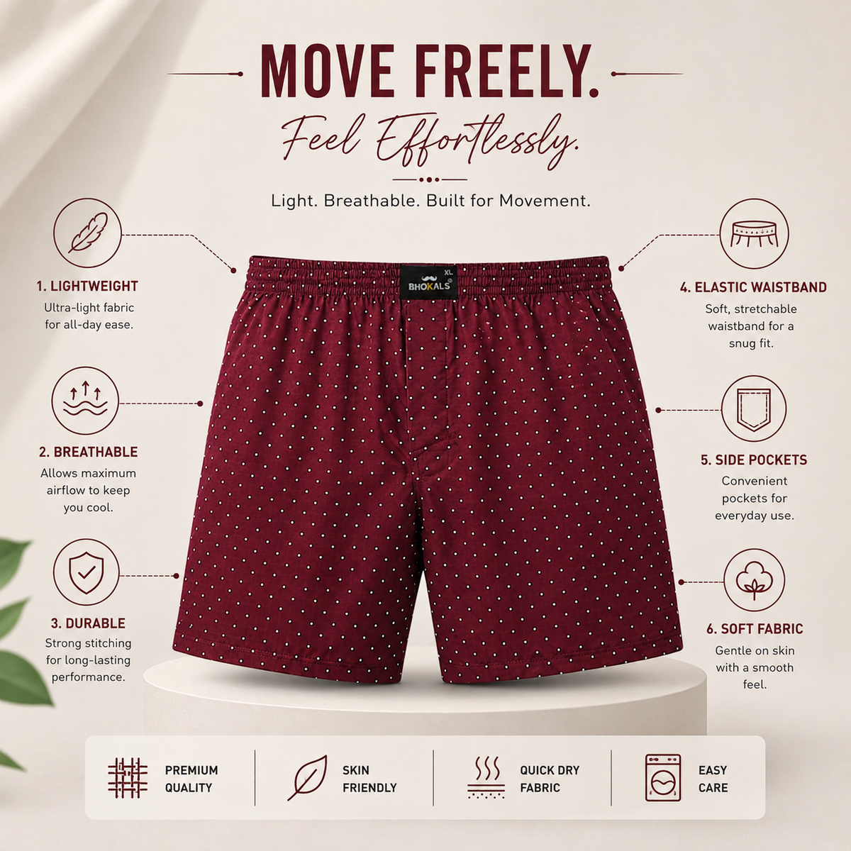Maroon White Dotted Printed Cotton Boxer For Men