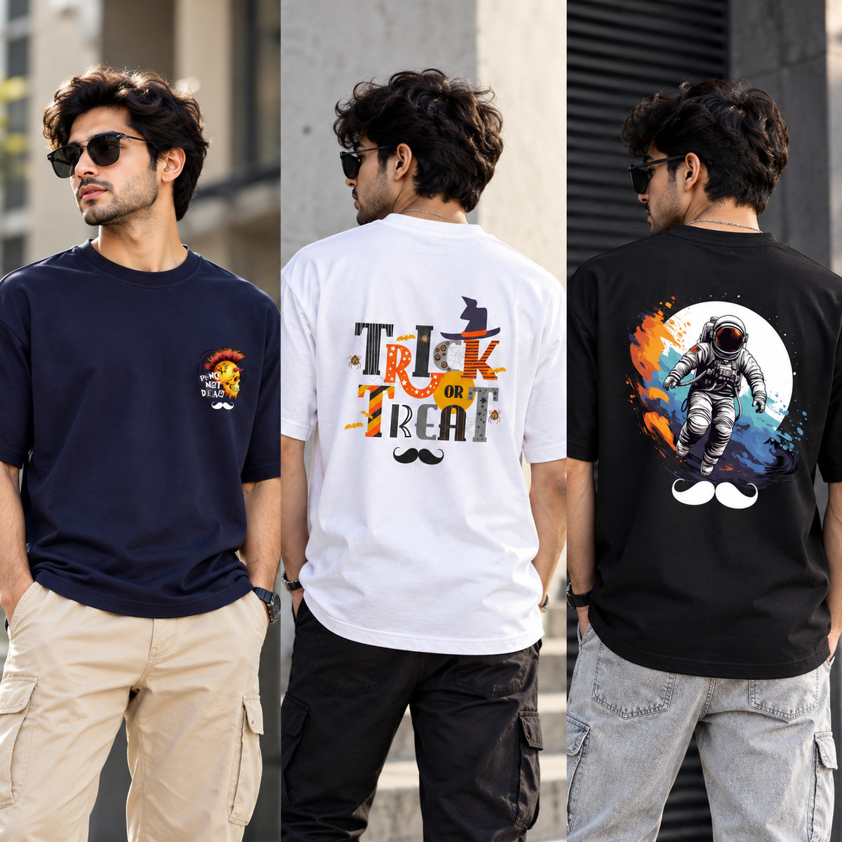 BHOKALS Men's Oversized Printed T-Shirt Combo Pack of 3 – Blue Punk, White Trick N Treat & Black Astronaut Graphic Tees