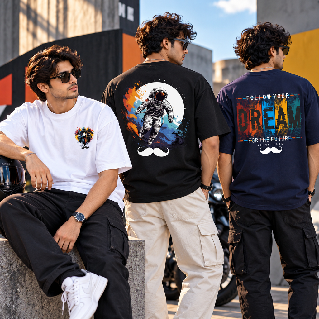 BHOKALS Men's Oversized Printed T-Shirt Combo Pack of 3 – White Biker, Black Astronaut & Blue Dream Graphic Tees