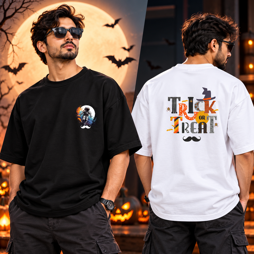 BHOKALS Men's Oversized Printed T-Shirt Combo Pack of 2 – Black Astronaut & White Trick N Treat Graphic Tees