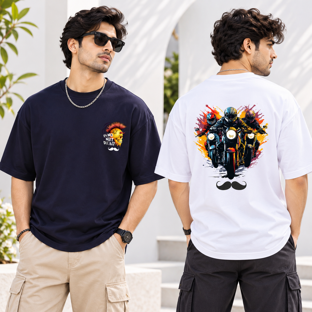 BHOKALS Men's Oversized Printed T-Shirt Combo Pack of 2 – White Biker & Blue Punk Graphic Tees