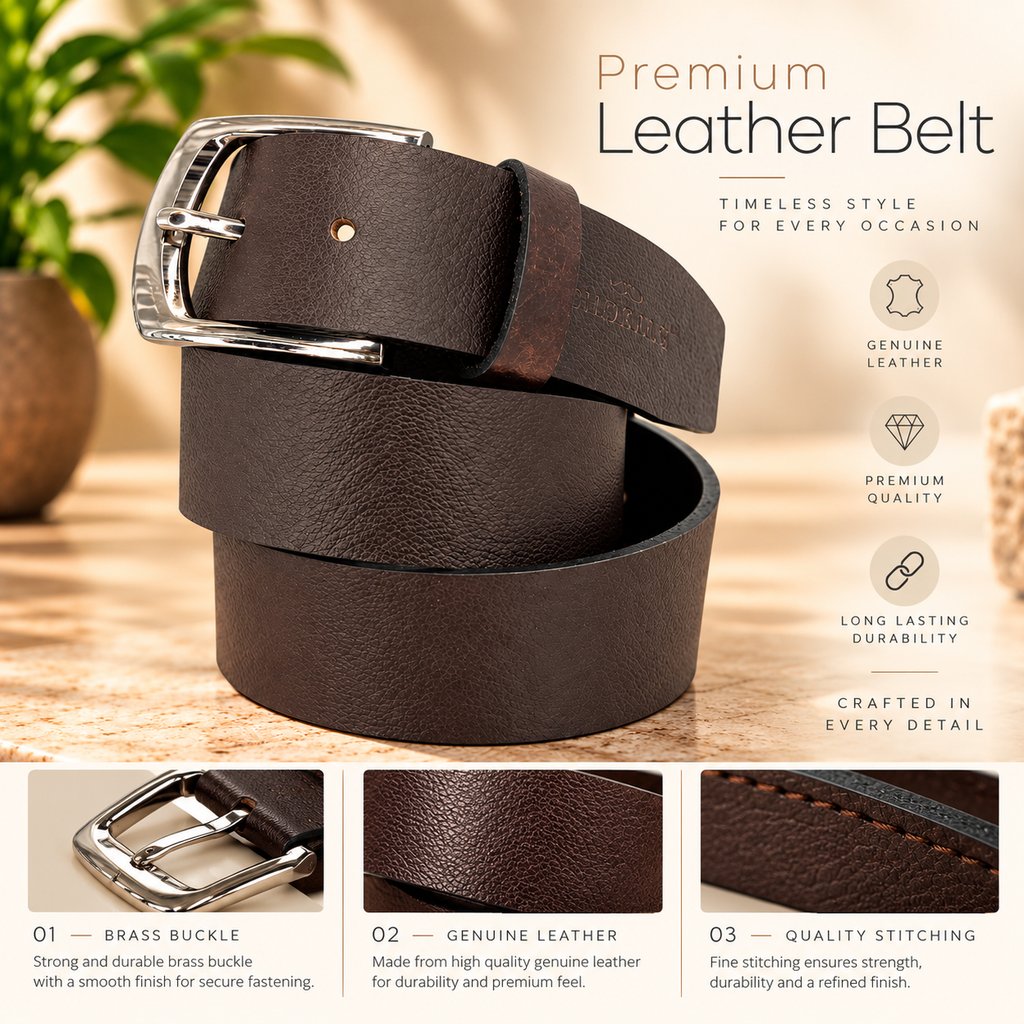 Bhokals Men Chocolate Brown Grain Leather Belt