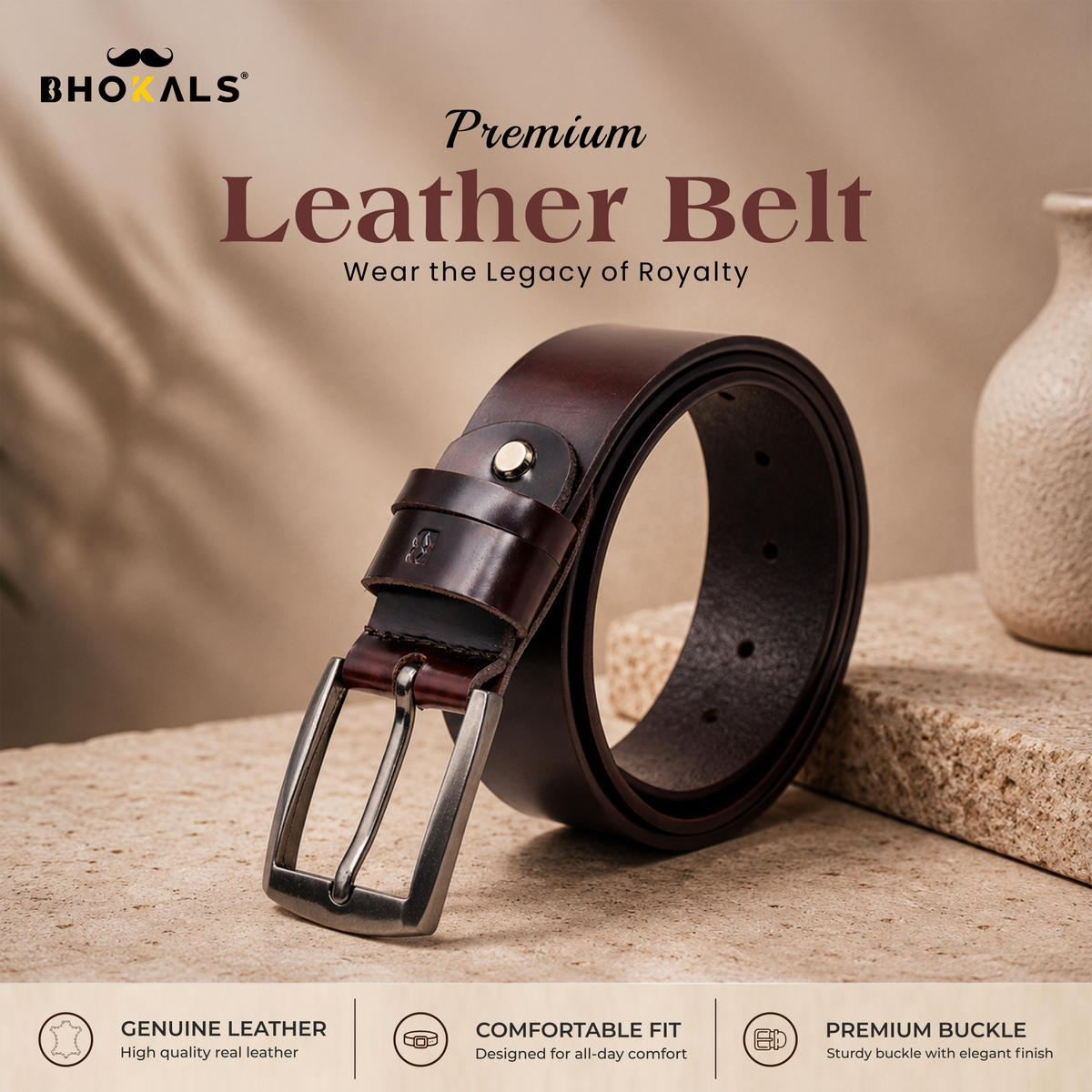 Bhokals Men Chocolate Brown Leather Belt