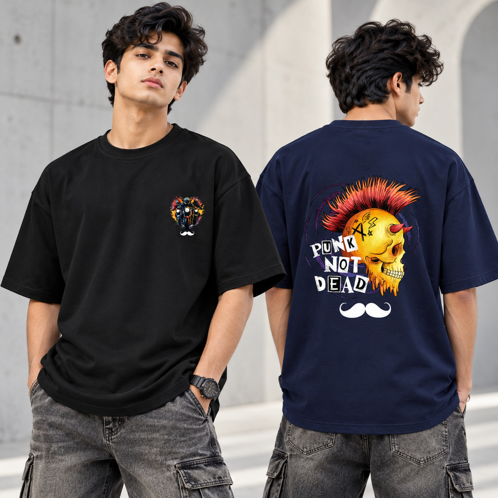BHOKALS Men's Oversized Printed T-Shirt Combo Pack of 2 – Black Biker & Blue Punk Graphic Tees