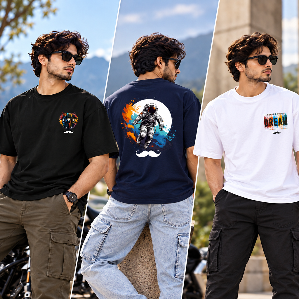 BHOKALS Men's Oversized Printed T-Shirt Combo Pack of 3 – Black Biker, Blue Astronaut & White Dream Graphic Tees