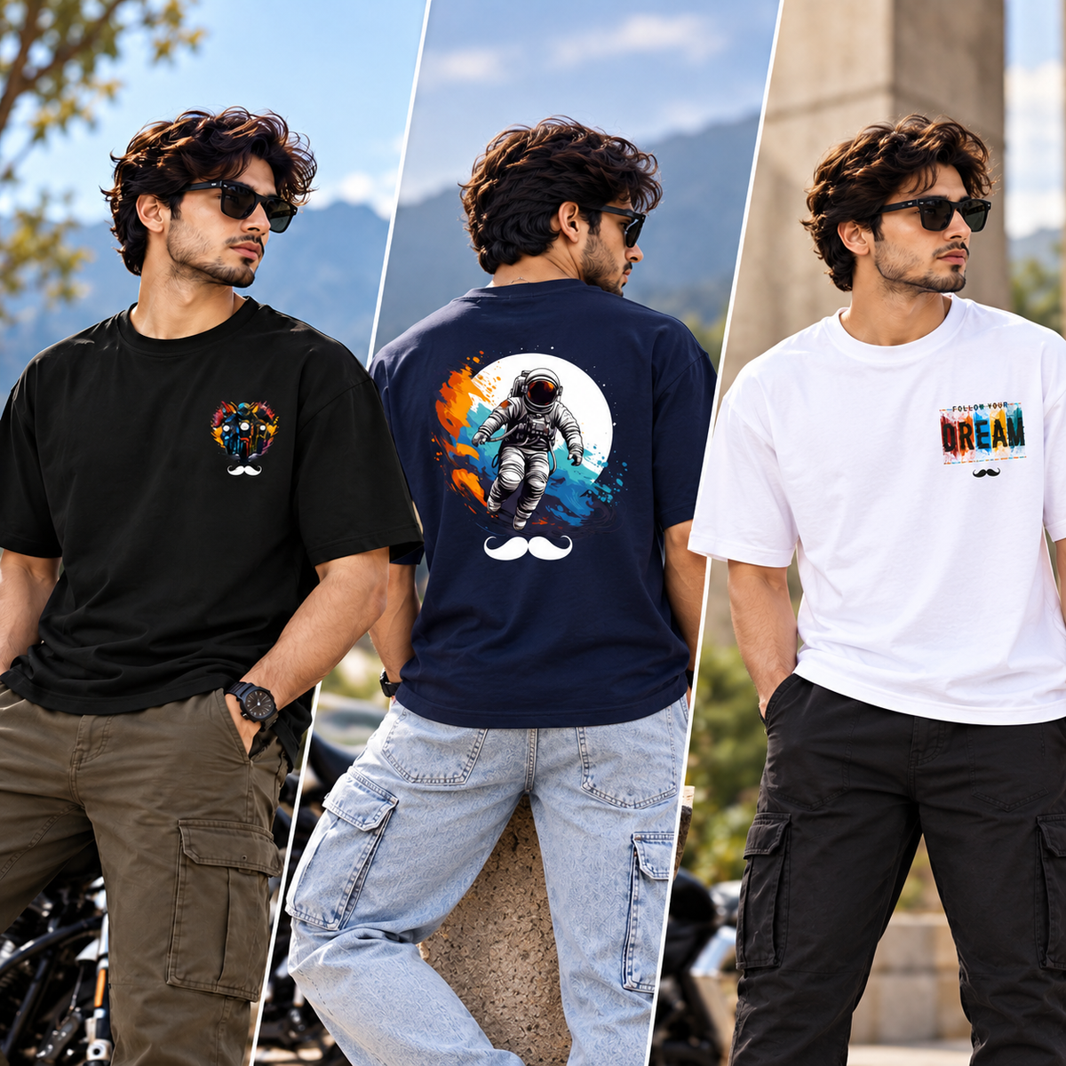 BHOKALS Men's Oversized Printed T-Shirt Combo Pack of 3 – Black Biker, Blue Astronaut & White Dream Graphic Tees
