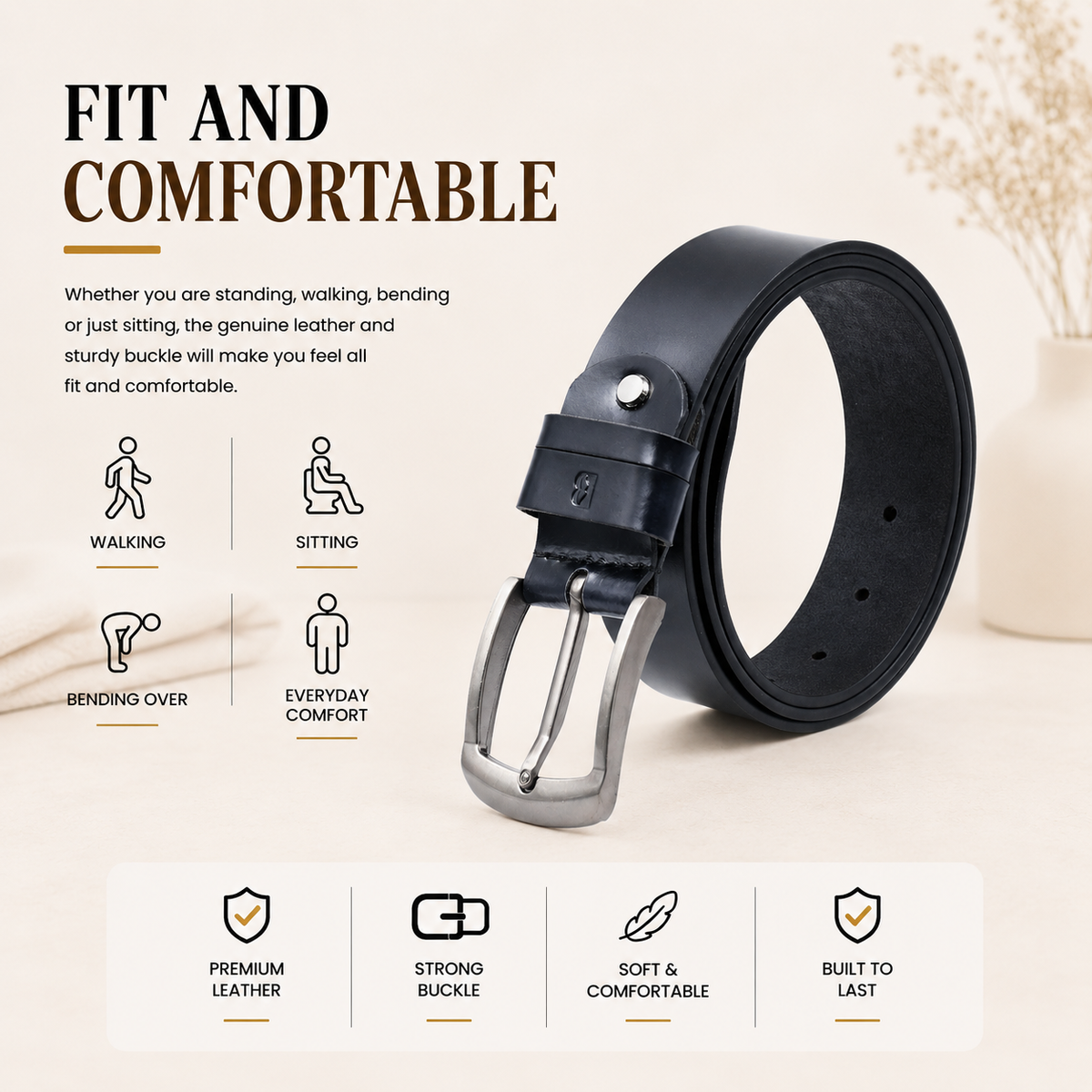 Bhokals Men Black Formal Leather Belt