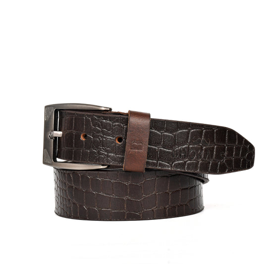 Bhokals Men Croc Texture  Brown Leather Belt