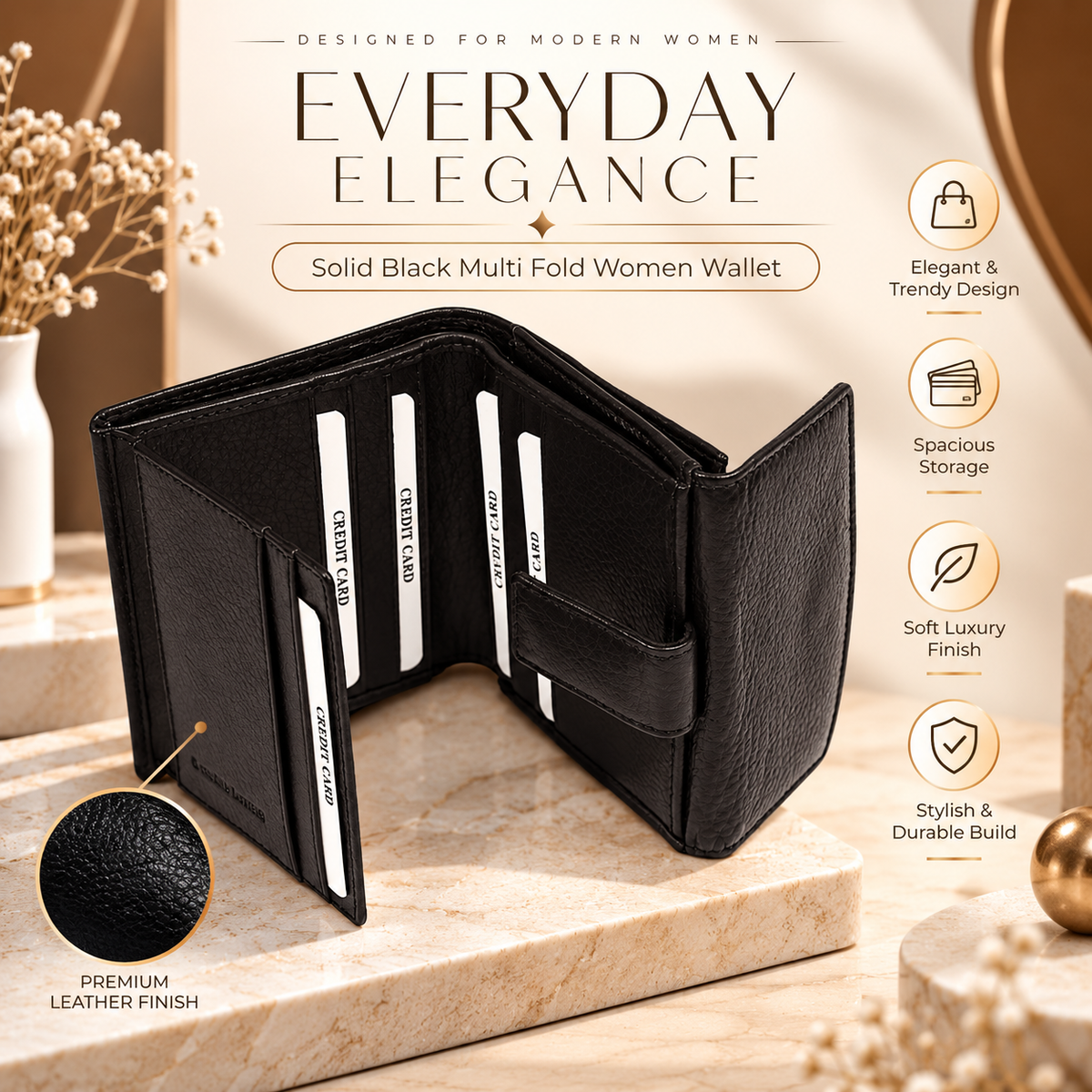 Leather Solid Black Multi Fold Women Wallet