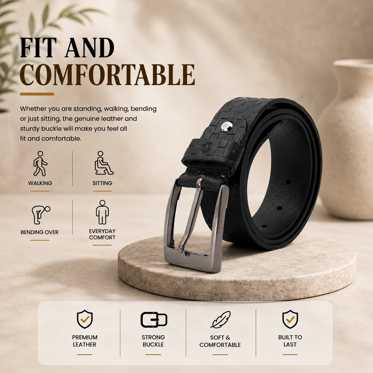 Bhokals Men Black Chess Plub Leather Belt