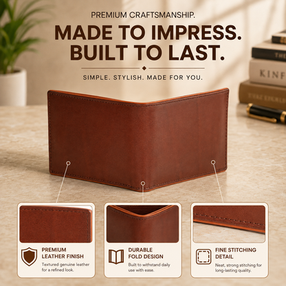 Leather Bifold Wallet, Brown with Orange Interior, Multiple Card Slots, ID Window, Classic Design