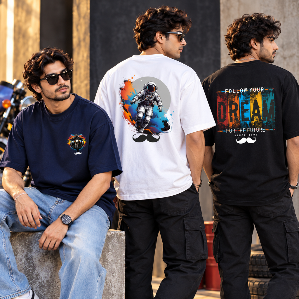BHOKALS Men's Oversized Printed T-Shirt Combo Pack of 3 – Blue Biker, White Astronaut & Black Dream Graphic Tees