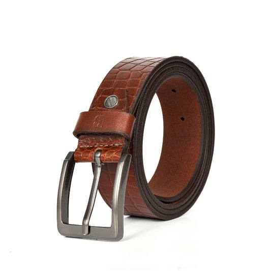 Bhokals Men Tan Brown Crocs Texture Leather Belt