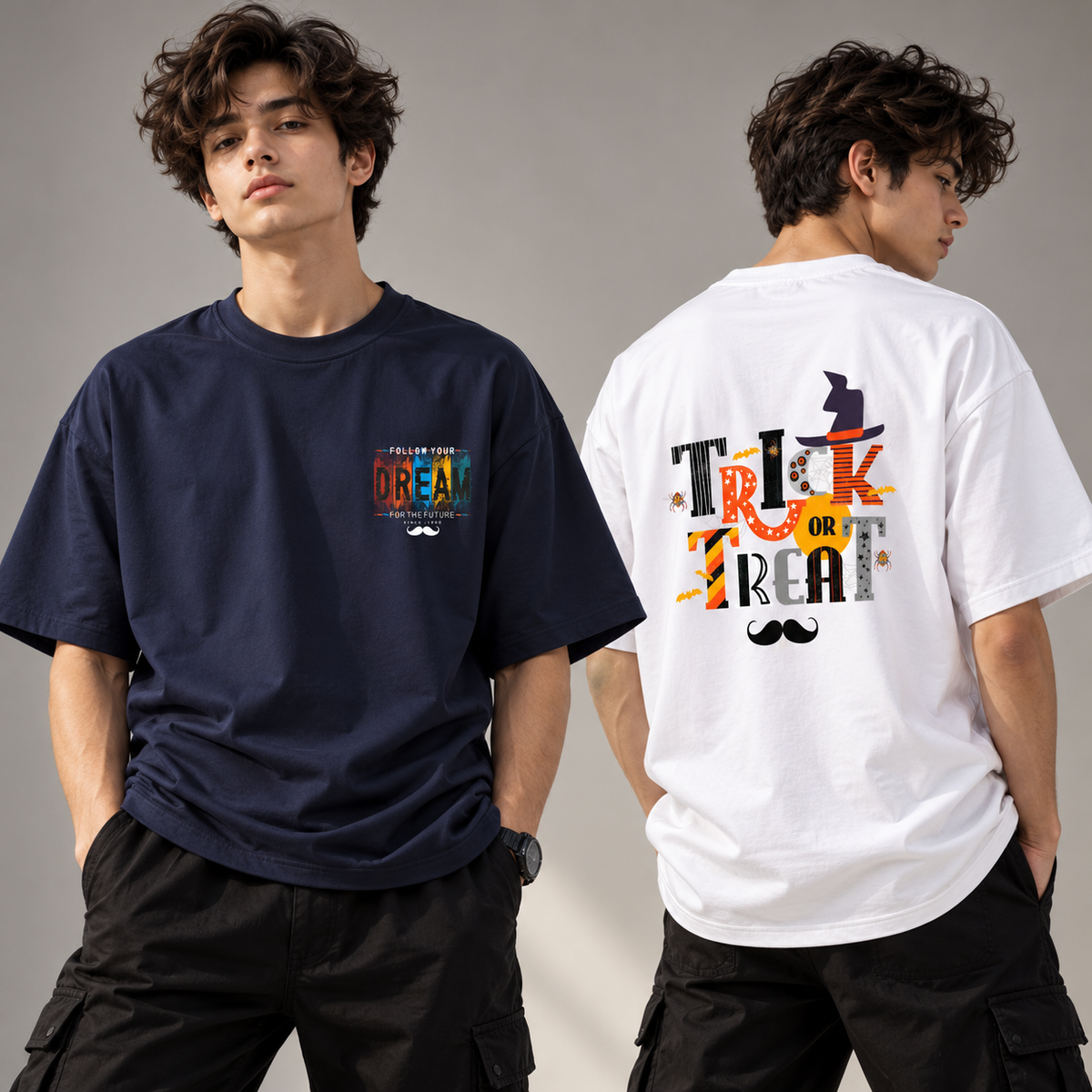 BHOKALS Men's Oversized Printed T-Shirt Combo Pack of 2 – White Trick N Treat & Blue Dream Graphic Tees