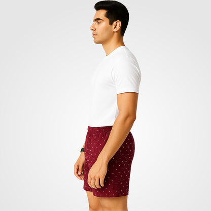 Maroon White Dotted Printed Cotton Boxer For Men