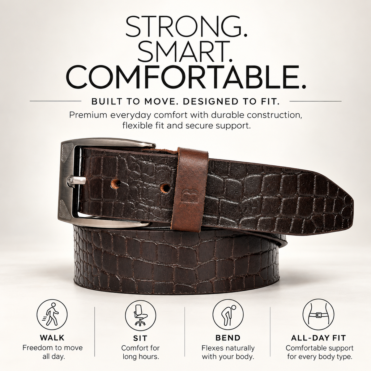 Bhokals Men Brown Crocs Texture  Casual Leather Belt