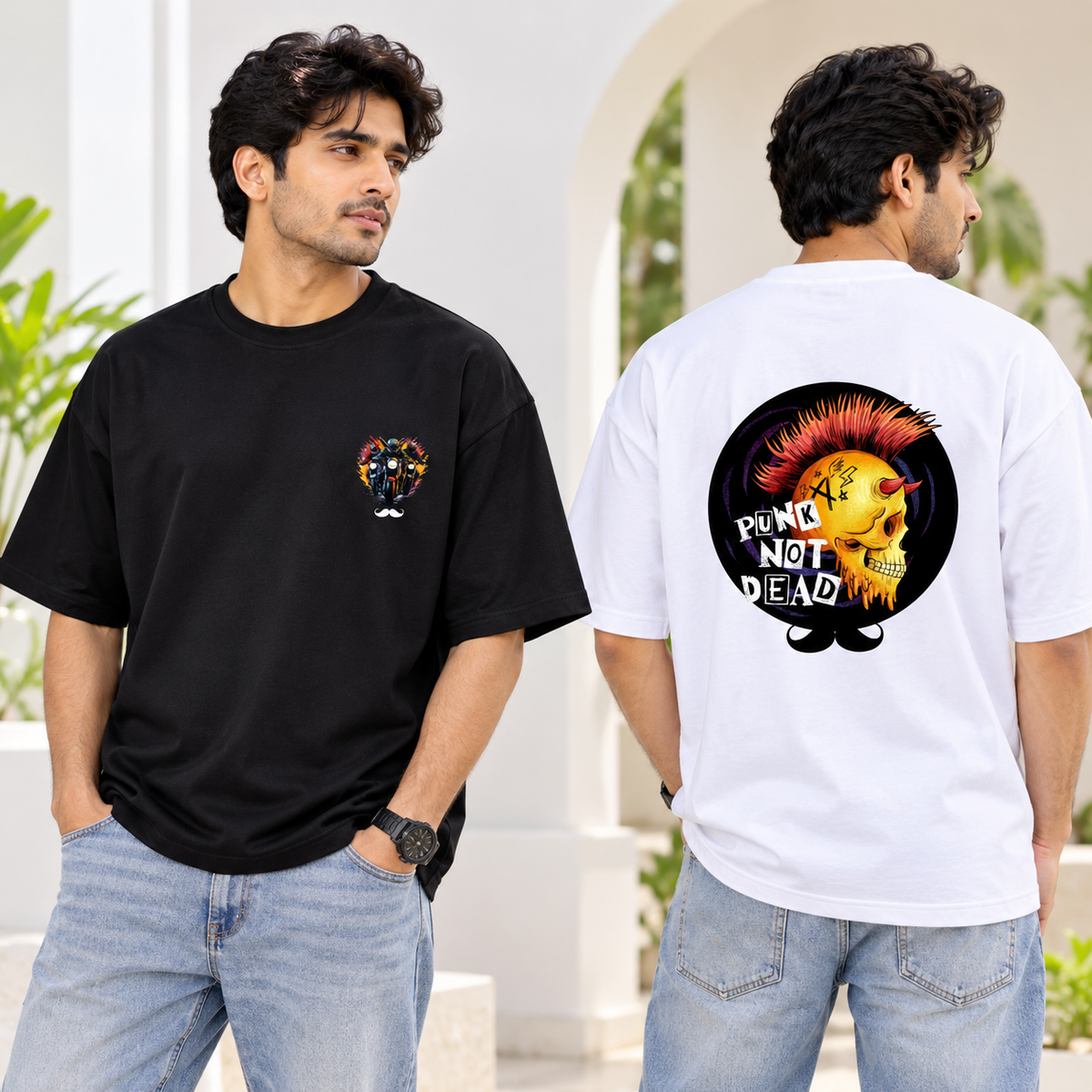 BHOKALS Men's Oversized Printed T-Shirt Combo Pack of 2 – Black Biker & White Punk Graphic Tees