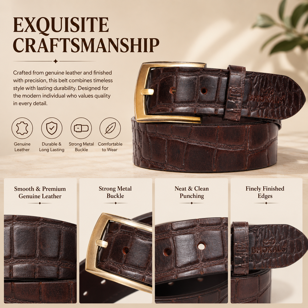 Bhokals Men Croc Texture  Brown Leather Belt