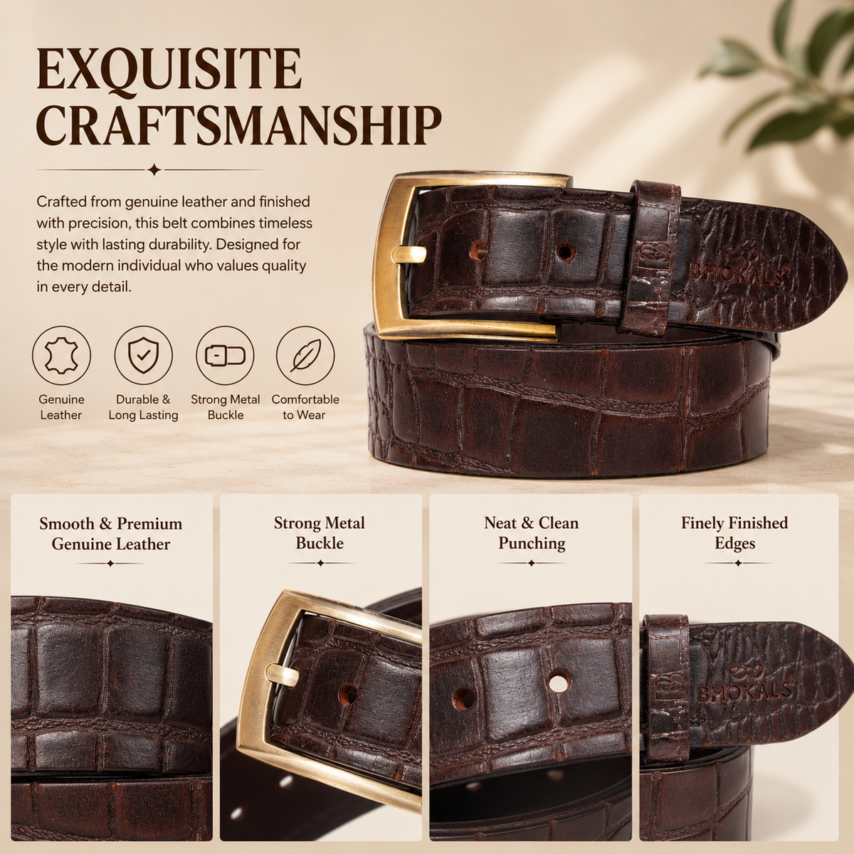 Bhokals Men Croc Texture  Brown Leather Belt