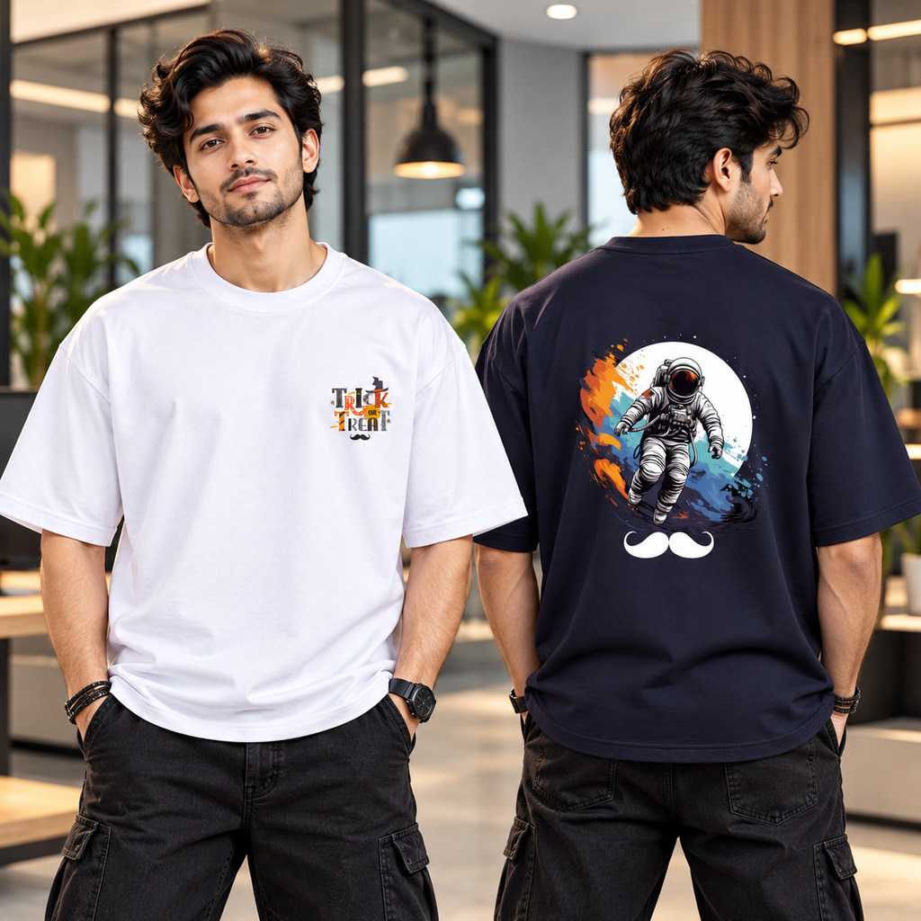 BHOKALS Men's Oversized Printed T-Shirt Combo Pack of 2 – Blue Astronaut & White Trick N Treat Graphic Tees