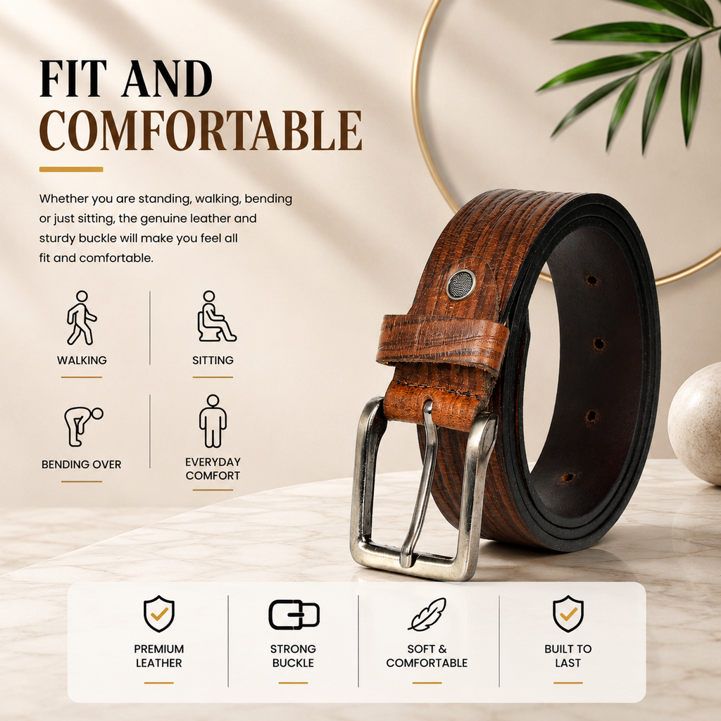 Bhokals Men Brown Wood Texture Leather Belt