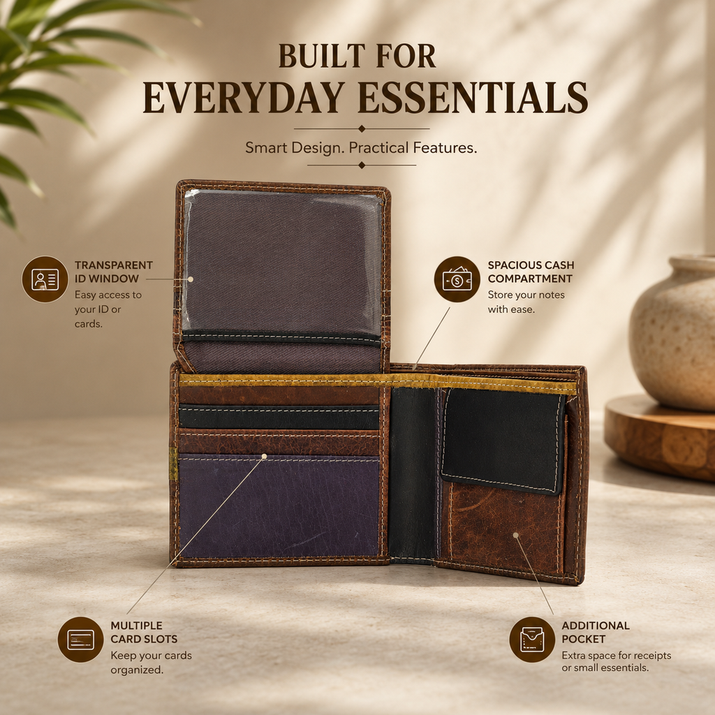 Leather Brown Green Strip Men Wallet